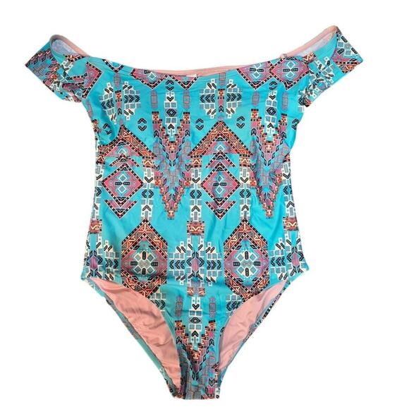Mae Anne Off Shoulder Women's One-Piece Bathing Suit Aztec Blue Size Large - Picture 3 of 5